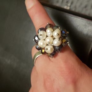 Real pearl and Crystal ring